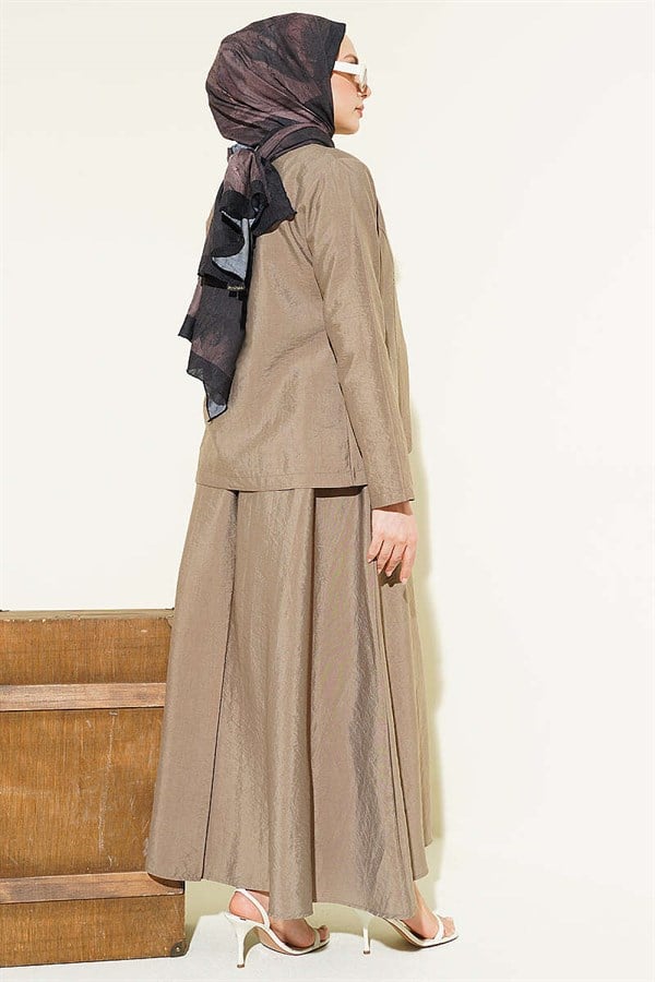 Gold Buttoned Parachute Skirt Set in Mink Color