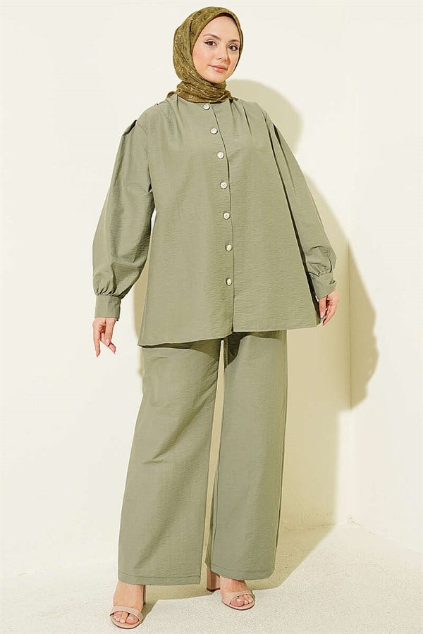 Gold Buttoned Parachute 2 Piece Set, Light Green