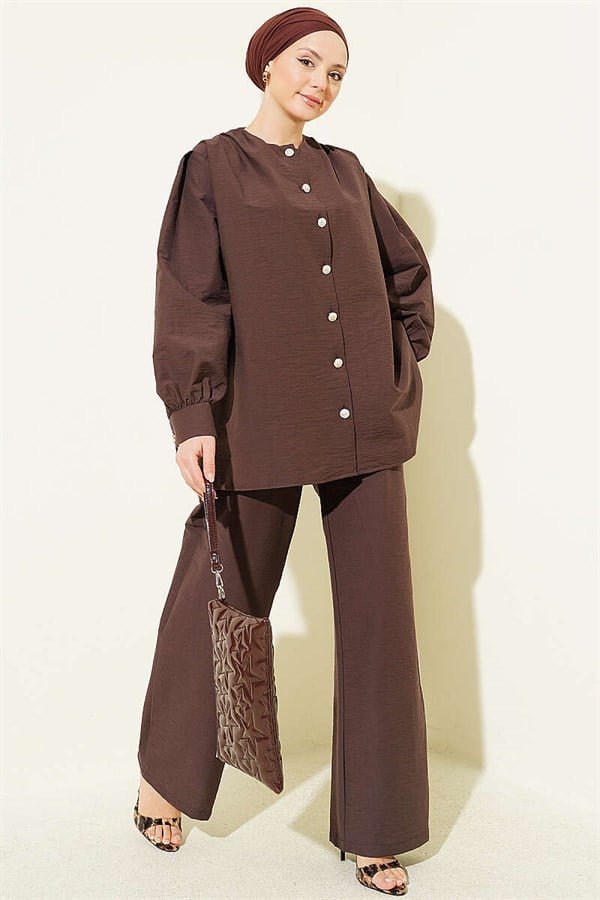 Gold Buttoned Parachute 2 Piece Set, Coffee