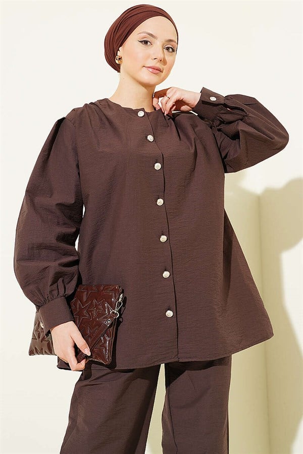 Gold Buttoned Parachute 2 Piece Set, Coffee
