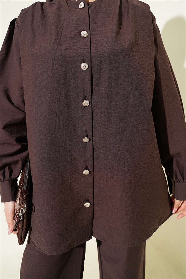 Gold Buttoned Parachute 2 Piece Set, Coffee