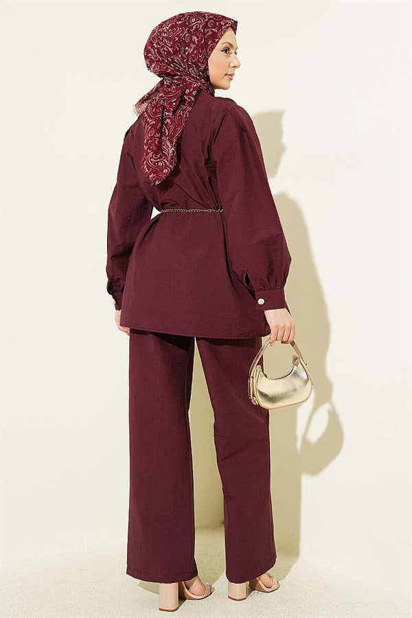 Gold Buttoned Parachute 2 Piece Set, Plum