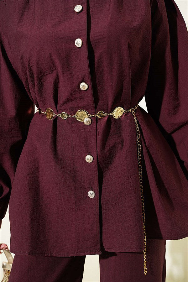 Gold Buttoned Parachute 2 Piece Set, Plum