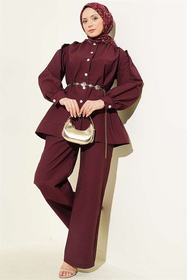 Gold Buttoned Parachute 2 Piece Set, Plum