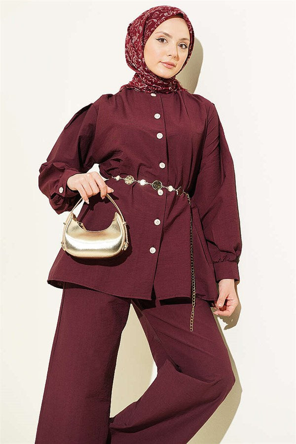 Gold Buttoned Parachute 2 Piece Set, Plum