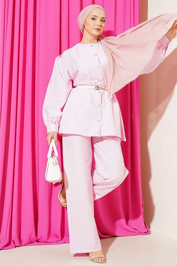 Gold Buttoned Parachute 2 Piece Set Pink