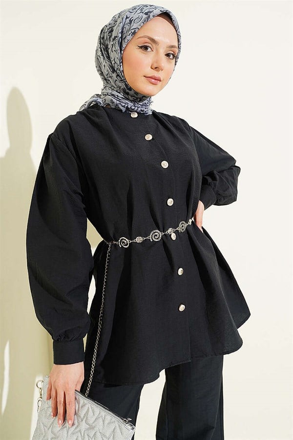 Gold Buttoned Parachute 2 Piece Set Black