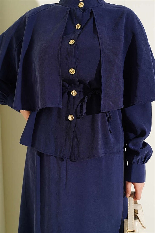 Navy Blue Modal Skirt 2 Piece Set with Gold Buttoned Cape