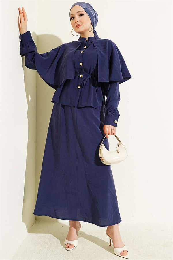 Navy Blue Modal Skirt 2 Piece Set with Gold Buttoned Cape