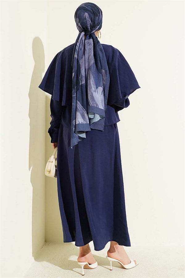 Navy Blue Modal Skirt 2 Piece Set with Gold Buttoned Cape