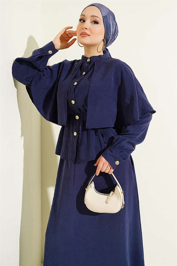 Navy Blue Modal Skirt 2 Piece Set with Gold Buttoned Cape