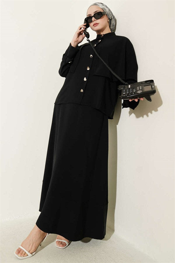 Black Tencel Skirt 2 Piece Set with Gold Buttoned Cape