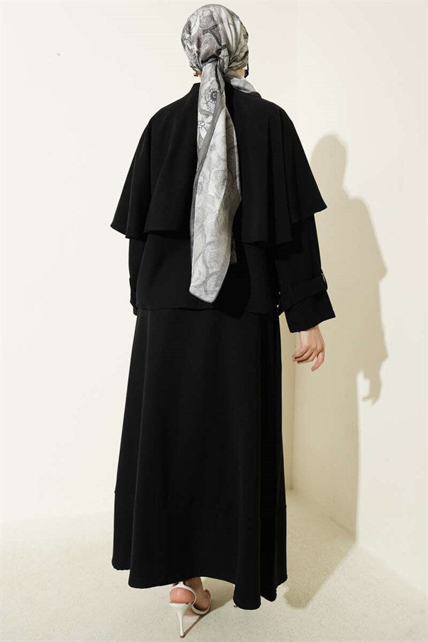 Black Tencel Skirt 2 Piece Set with Gold Buttoned Cape