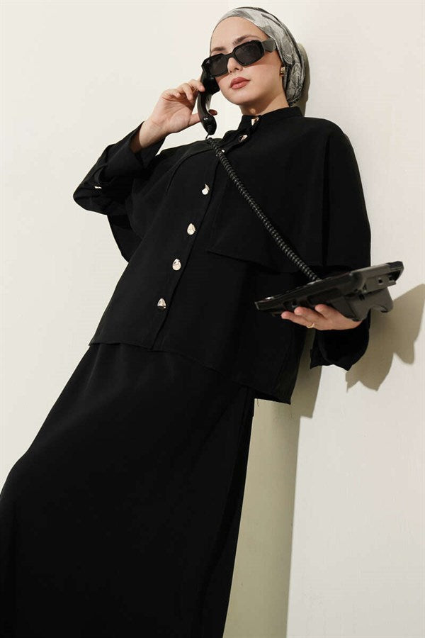 Black Tencel Skirt 2 Piece Set with Gold Buttoned Cape