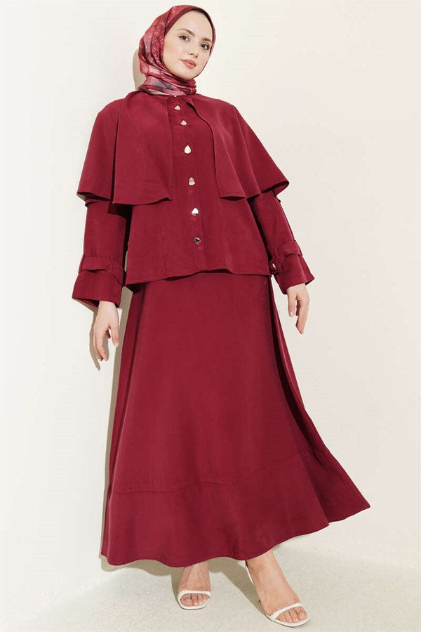 Burgundy Set with Gold Buttoned Cape and Tencel Skirt