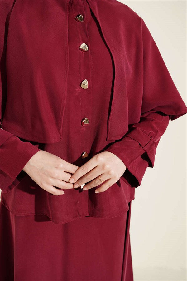 Burgundy Set with Gold Buttoned Cape and Tencel Skirt