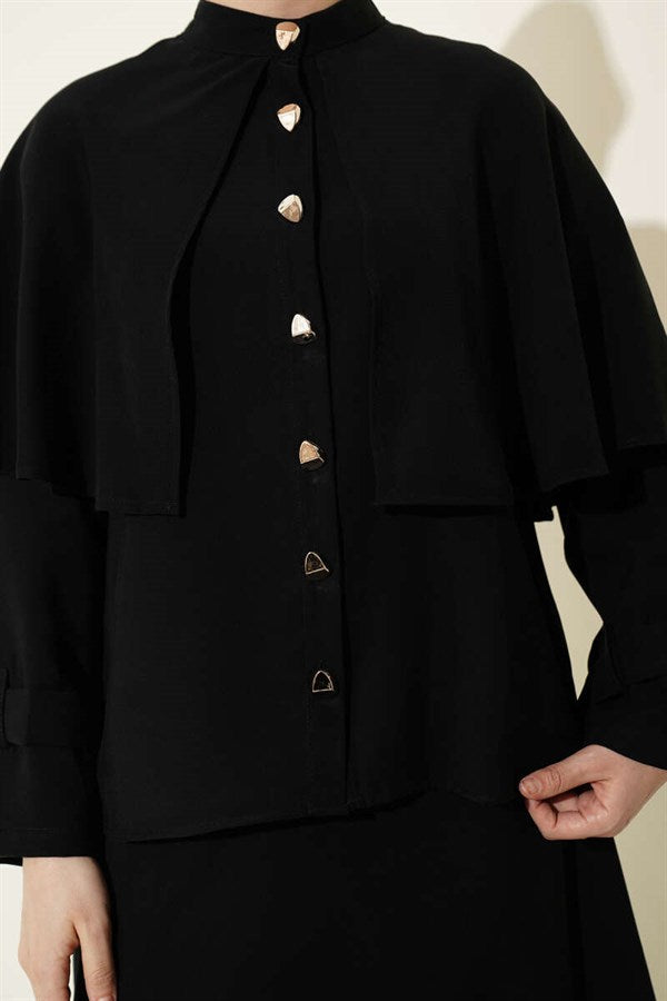 Black Tencel Skirt 2 Piece Set with Gold Buttoned Cape