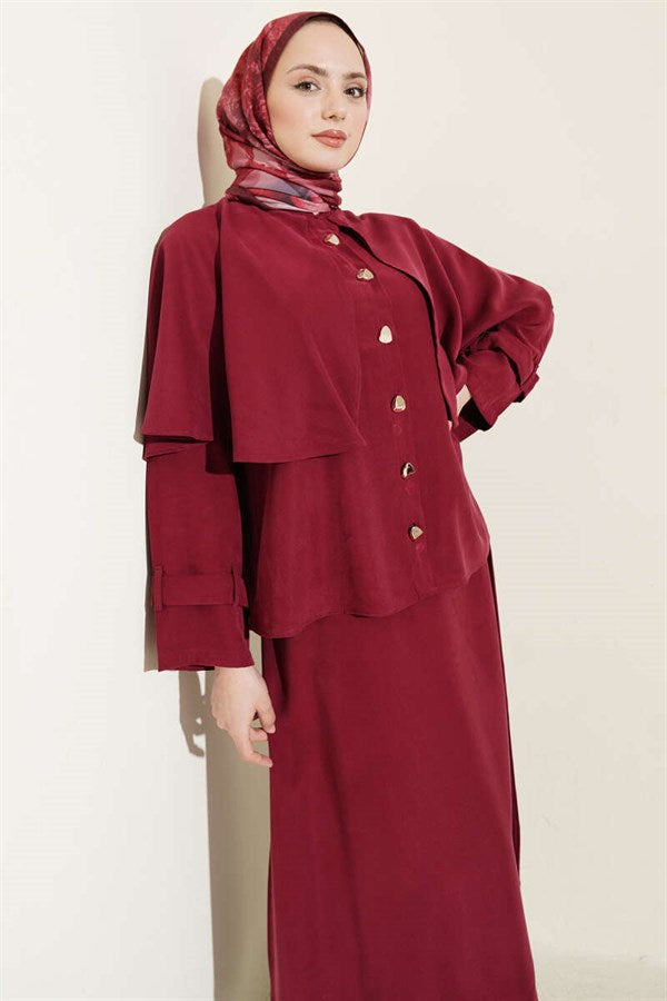 Burgundy Set with Gold Buttoned Cape and Tencel Skirt