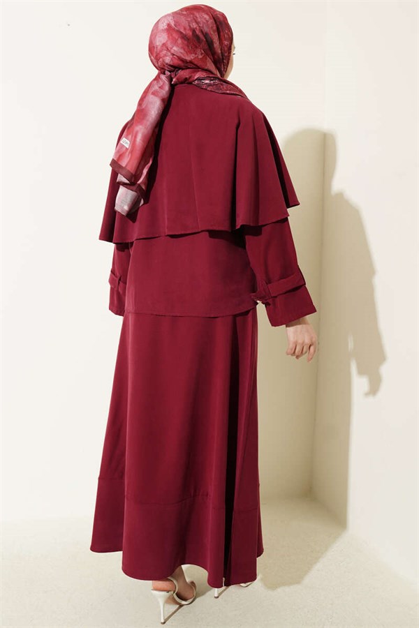 Burgundy Set with Gold Buttoned Cape and Tencel Skirt