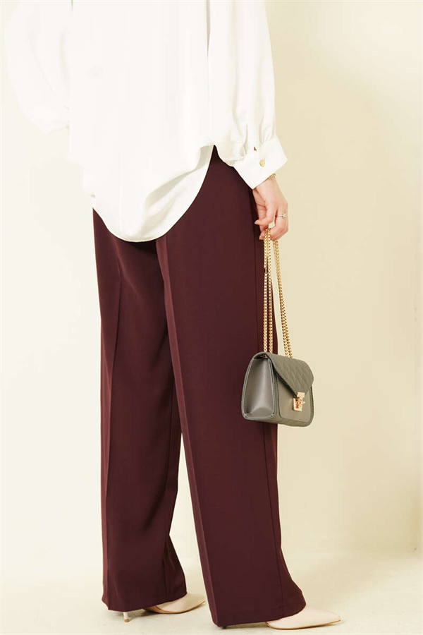 Burgundy Pleated Palazzo Trousers with Gold Buttons