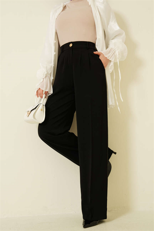Black Pleated Palazzo Pants with Gold Buttons