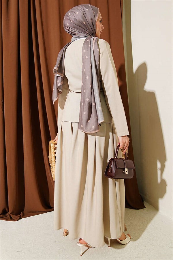 Gold Buttoned Polyviscose Skirt 2 Piece Set in Beige