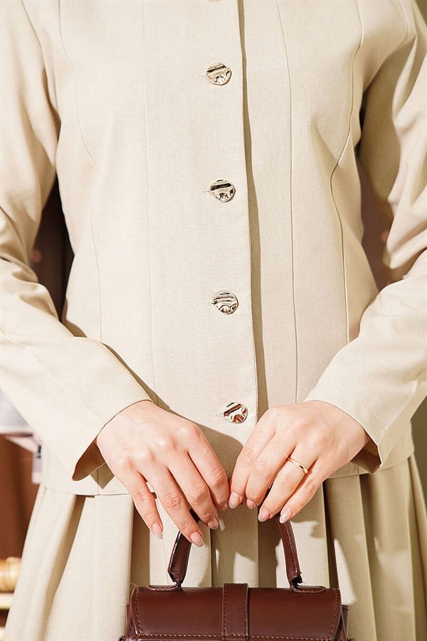 Gold Buttoned Polyviscose Skirt 2 Piece Set in Beige