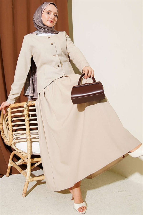 Gold Buttoned Polyviscose Skirt 2 Piece Set in Beige