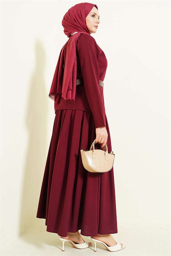 Burgundy Polyviscose Skirt 2 Piece Set with Gold Buttons