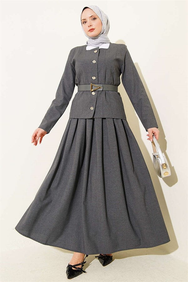 Gold Buttoned Polyviscose Skirt 2 Piece Set in Smoke Grey