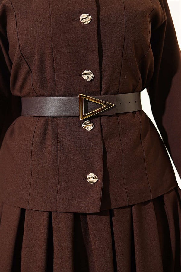 Gold Buttoned Polyviscose Skirt 2 Piece Set in Coffee Brown