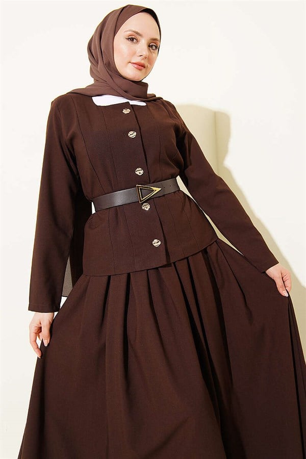 Gold Buttoned Polyviscose Skirt 2 Piece Set in Coffee Brown