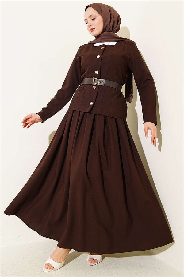 Gold Buttoned Polyviscose Skirt 2 Piece Set in Coffee Brown