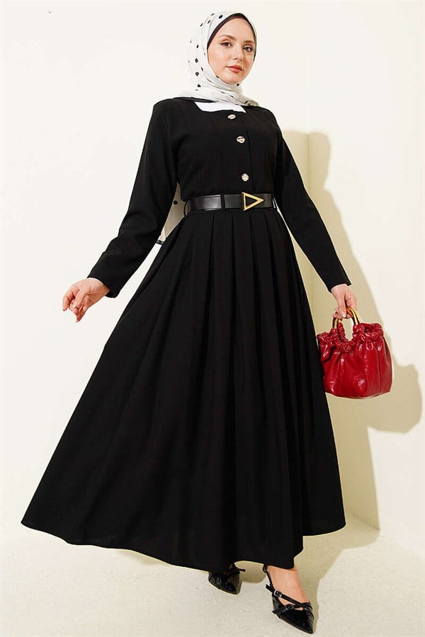 Gold Buttoned Polyviscose Skirt 2 Piece Set, Black