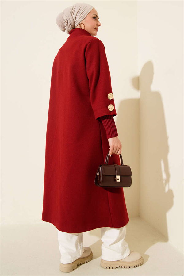 Burgundy Ribbed Cashmere Coat with Gold Buttons