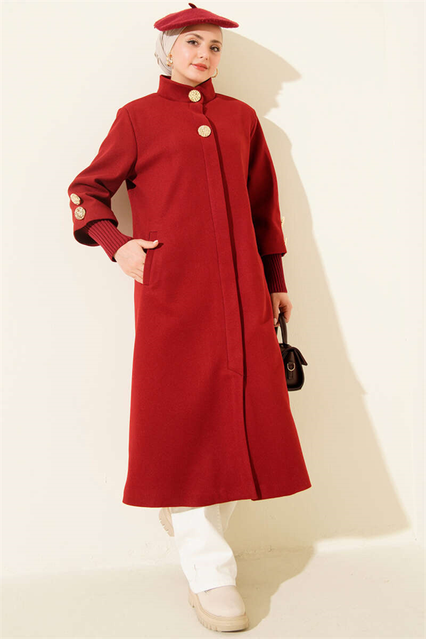 Burgundy Ribbed Cashmere Coat with Gold Buttons