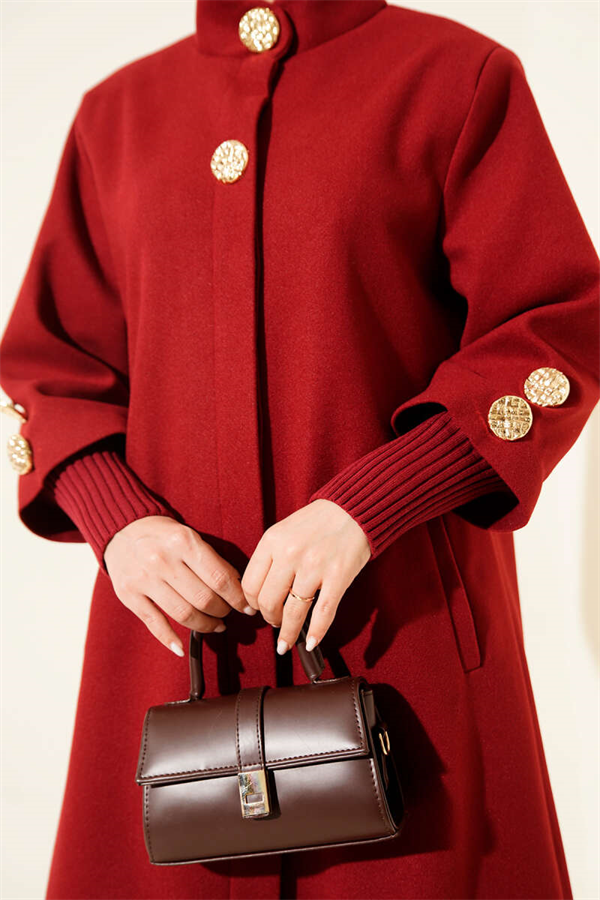 Burgundy Ribbed Cashmere Coat with Gold Buttons