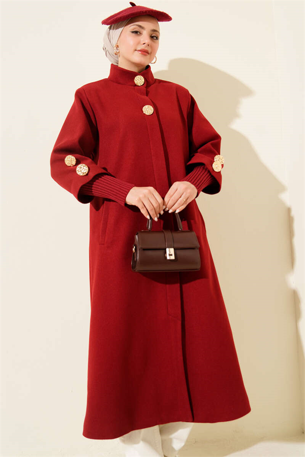 Burgundy Ribbed Cashmere Coat with Gold Buttons
