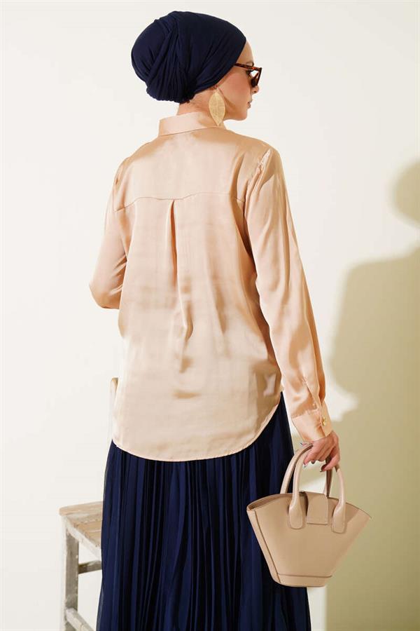 Gold Buttoned Satin Shirt Camel