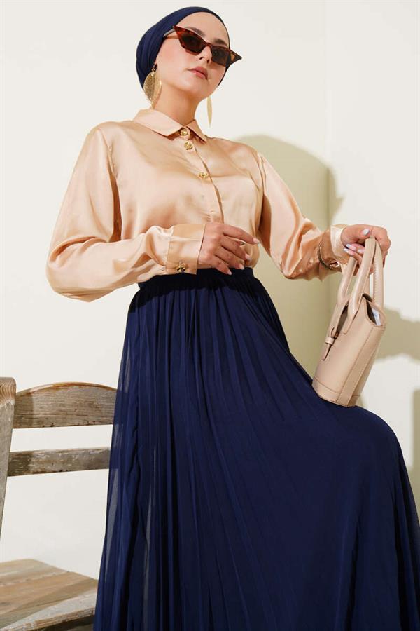 Gold Buttoned Satin Shirt Camel