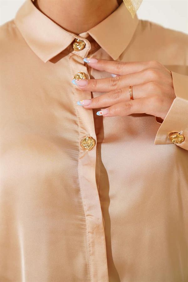 Gold Buttoned Satin Shirt Camel