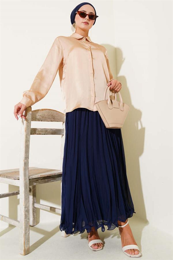 Gold Buttoned Satin Shirt Camel