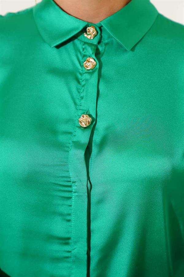 Gold Buttoned Satin Shirt Green