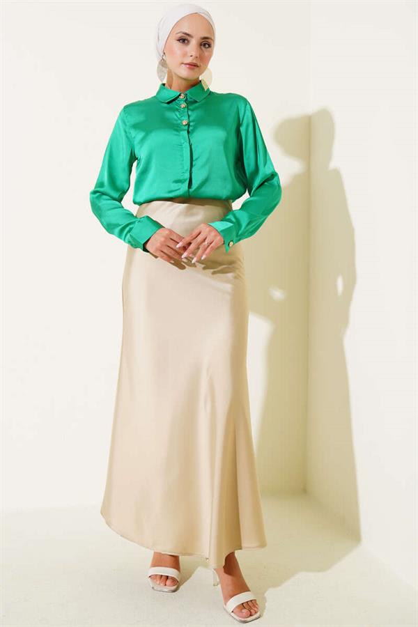 Gold Buttoned Satin Shirt Green