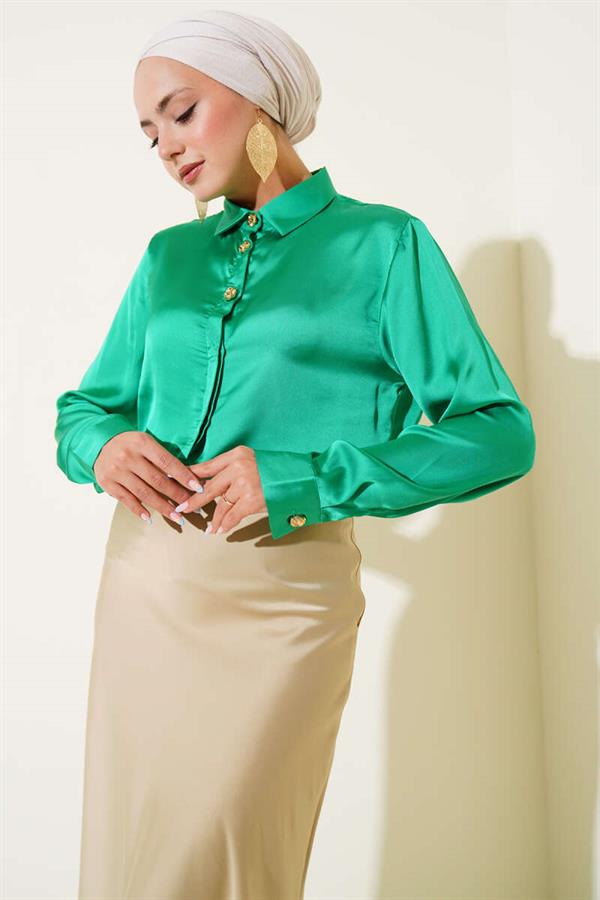 Gold Buttoned Satin Shirt Green