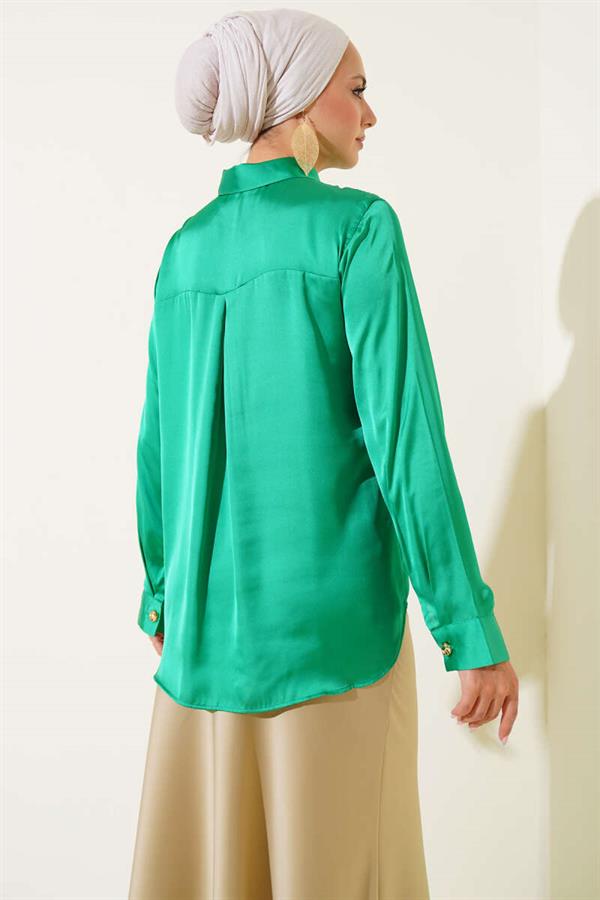 Gold Buttoned Satin Shirt Green