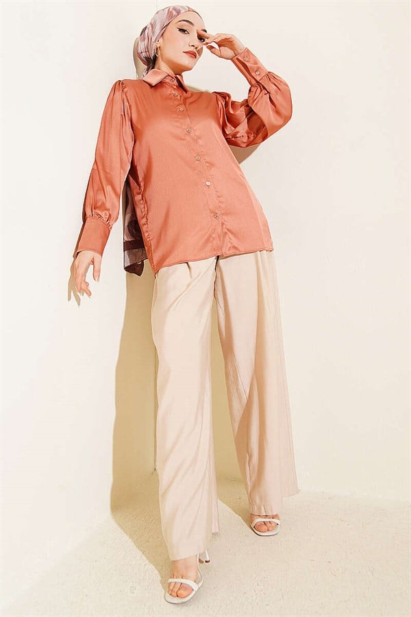 Gold Buttoned Satin Crop Shirt, Onion Peel