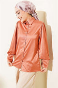 Gold Buttoned Satin Crop Shirt, Onion Peel