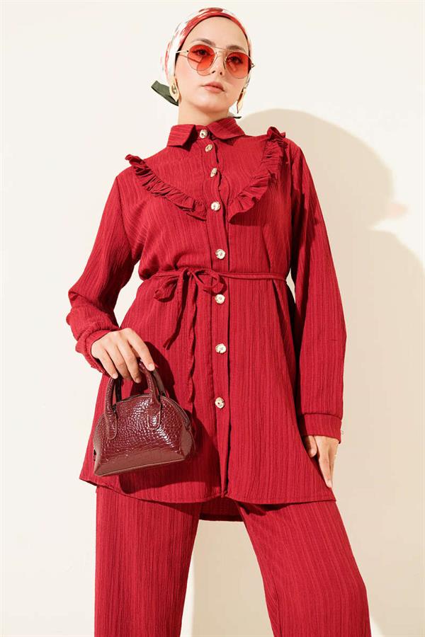 Gold Buttoned V-Neck Ruffle 2 Piece Set Burgundy