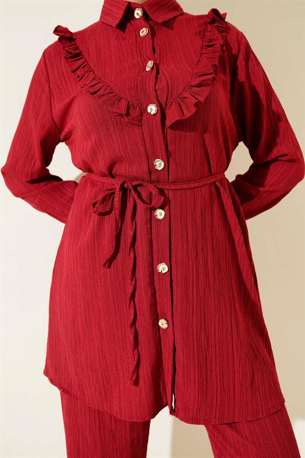 Gold Buttoned V-Neck Ruffle 2 Piece Set Burgundy